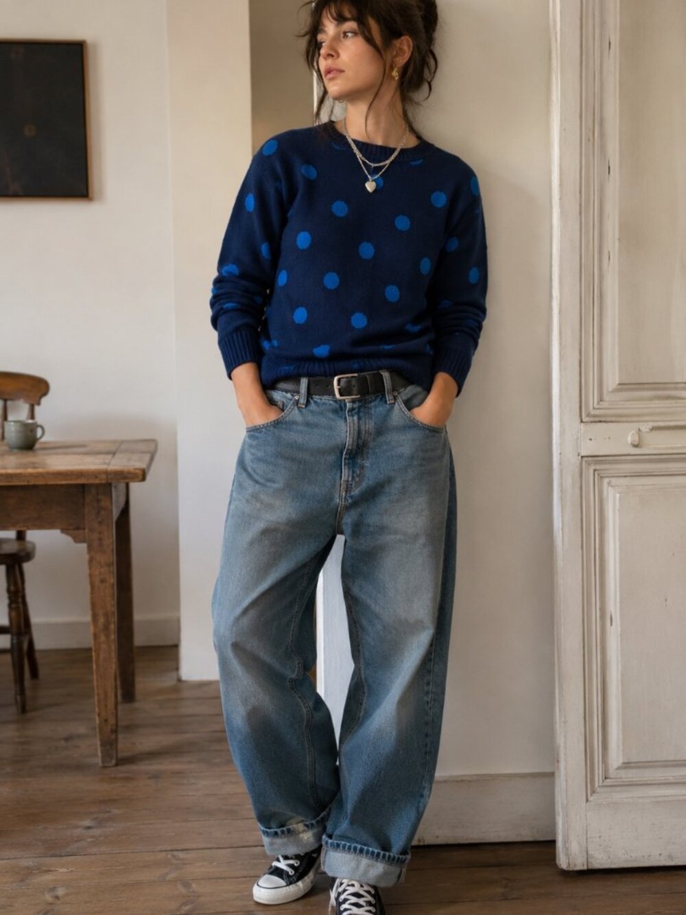 Denver Hayes Navy Blue Polka Dot Sweater | Blue Dot Knit Pullover Cozy Size L